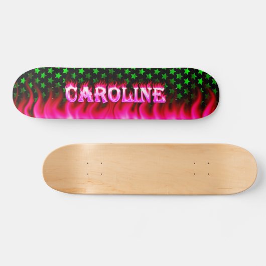 Caroline skateboard roze vuur en vlammenontwerp. (Horizontaal)