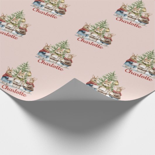 Caroling Bunnies Girly Blush Pink Kerstmis Cadeaupapier (Hoek)
