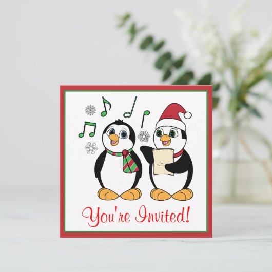 Caroling Penguins kerstfeest uitnodiging (Staand voorkant)