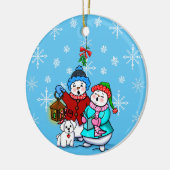 Caroling Snow Couple met Dog kerstversiering Keramisch Ornament (Links)