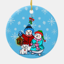 Caroling Snow Couple met Dog kerstversiering Keramisch Ornament