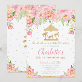 Carousel 1st Birthday Pink Floral Gold Girl Kaart