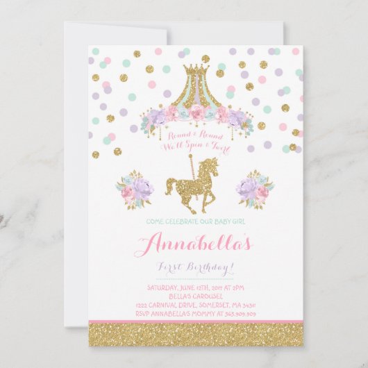 Carousel Birthday Invitation Floral Pink Mint Gold Kaart (Voorkant)