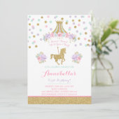 Carousel Birthday Invitation Floral Pink Mint Gold Kaart (Staand voorkant)
