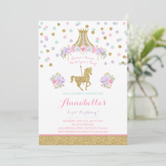 Carousel Birthday Invitation Floral Pink Mint Gold Kaart (Staand voorkant)