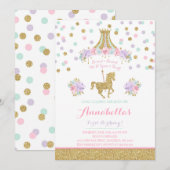 Carousel Birthday Invitation Floral Pink Mint Gold Kaart (Voorkant / Achterkant)