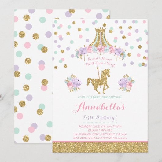 Carousel Birthday Invitation Floral Pink Mint Gold Kaart (Voorkant / Achterkant)
