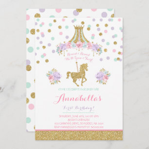 Carousel Birthday Invitation Floral Pink Mint Gold Kaart