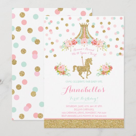 Carousel Birthday Invitation Floral Pink Mint Gold Kaart (Voorkant / Achterkant)
