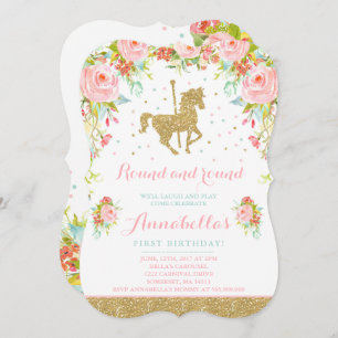 Carousel Birthday Invitation Floral Pink Mint Gold Kaart