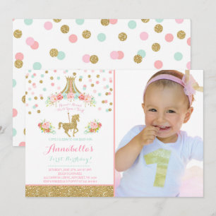 Carousel Birthday Invitation Floral Pink Mint Gold Kaart