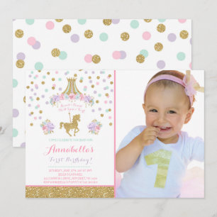 Carousel Birthday Invitation Floral Pink Mint Gold Kaart