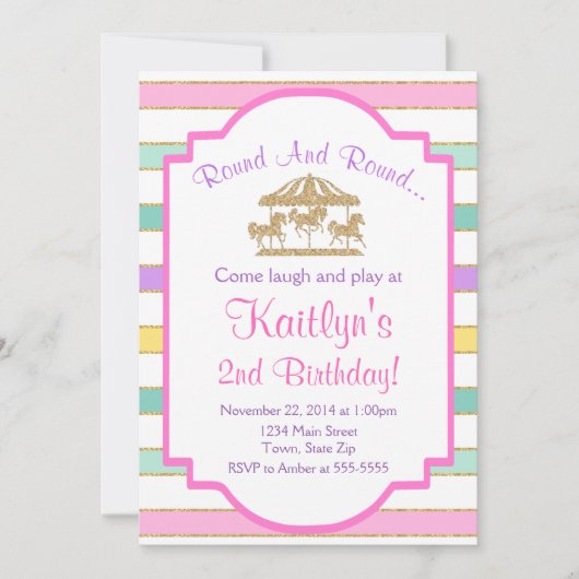 Carousel Birthday Invitation Girl Pink Glitter Kaart (Voorkant)