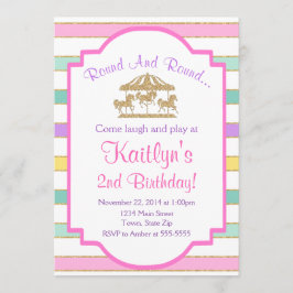 Carousel Birthday Invitation Girl Pink Glitter Kaart