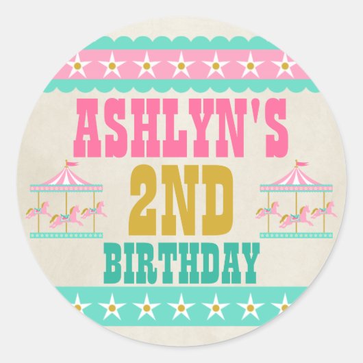 Carousel Birthday Party - Gepersonaliseerd Ronde Sticker (Voorkant)
