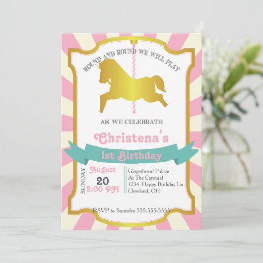 Carousel Birthday Party Invitation Kaart (Staand voorkant)