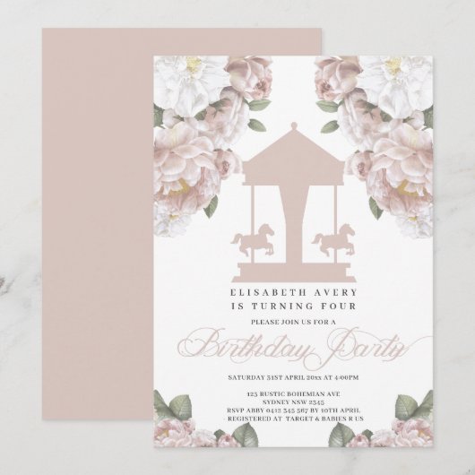 Carousel Floral Soft Pink Birthday Kaart (Voorkant / Achterkant)