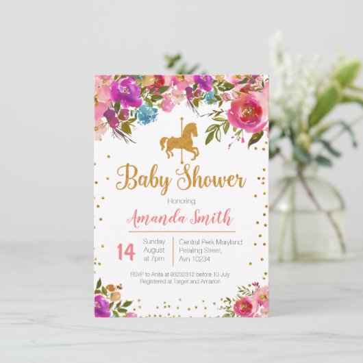 Carousel Horse Baby shower-uitnodiging Kaart (Staand voorkant)