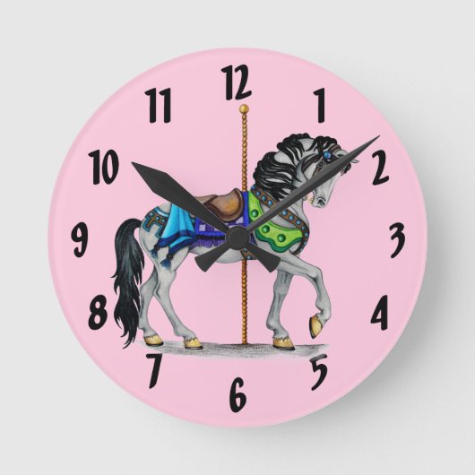 Carousel Horse Clock ~ Roze Ronde Klok (Voorkant)