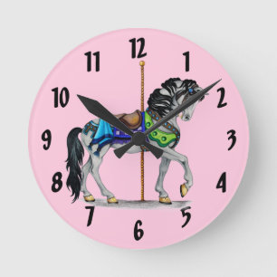 Carousel Horse Clock ~ Roze Ronde Klok