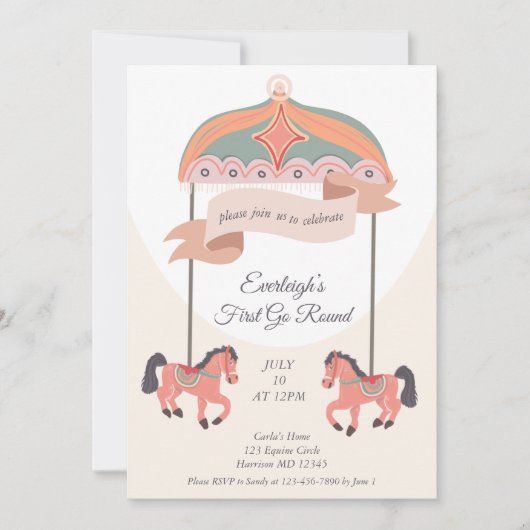 Carousel Horse Go Round First Birthday  Invitation Kaart (Voorkant)