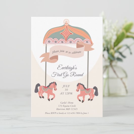 Carousel Horse Go Round First Birthday Invitation Kaart (Staand voorkant)