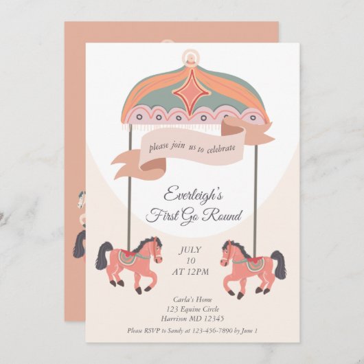 Carousel Horse Go Round First Birthday Invitation Kaart (Voorkant / Achterkant)