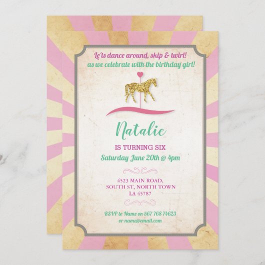 Carousel Horse Riding Party nodigt Fair Birthday u Kaart (Voorkant / Achterkant)