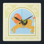 Carousel Lion van June Erica Vess Vierkante Klok<br><div class="desc">De koning van het oerwoud is een carrouseldier in dit stuk gemaakt door June Erica Vess. Met een glimlachend gezicht is dit een zeer kind-vriendelijke afdruk. Koop het vandaag en zet het op de muur van de kinderkamer van je kind!</div>