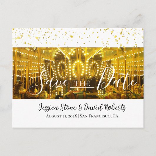 Carousel Merry-Go-Round Gold Confetti Wedding Aankondigingskaart (Voorkant)