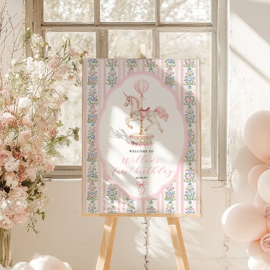 Carousel Pink First Birthday Welcome Poster