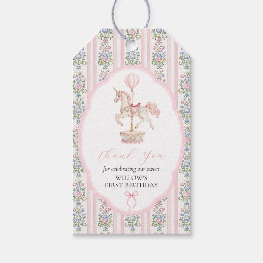 Carousel Roze Eerste Verjaardag Cadeaulabel (Voorkant)