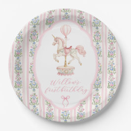 Carousel Roze Eerste Verjaardag Papieren Bordje