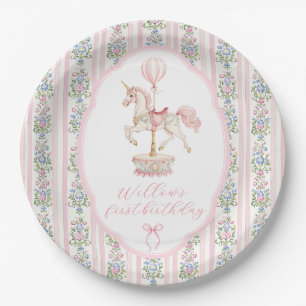 Carousel Roze Eerste Verjaardag Papieren Bordje