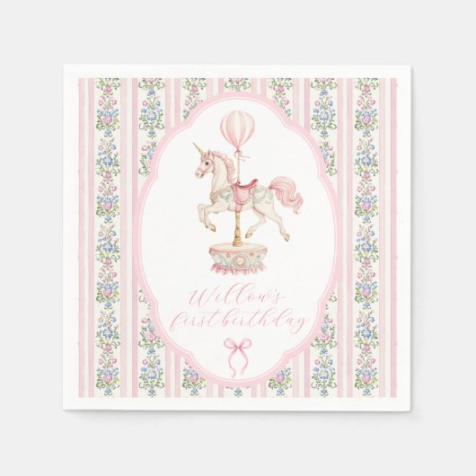 Carousel Roze Eerste Verjaardag Servet (Voorkant)