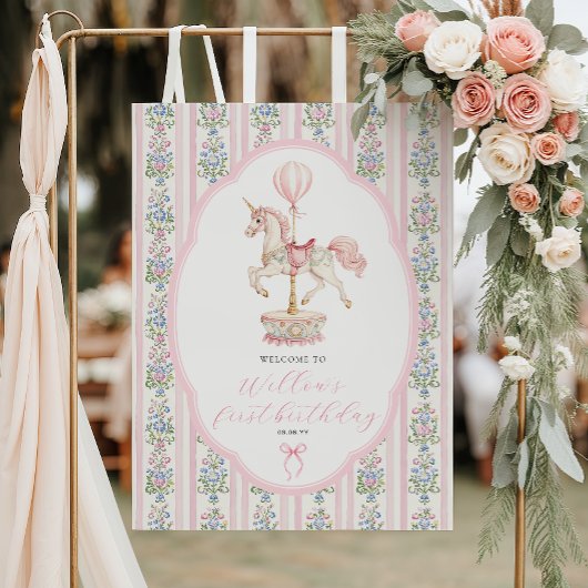 Carousel Roze Eerste Verjaardag Welkom Poster
