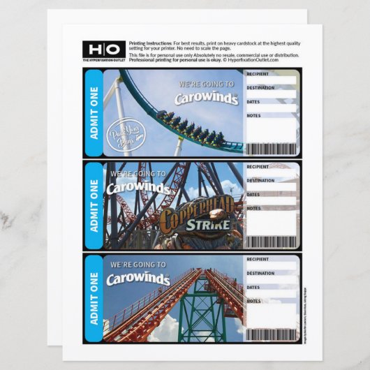 Carowinds Mock Ticket voor reizen en evenementen (Voorkant / Achterkant)