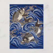 Carp in Waves Japanse Koi Fish Silk Tapestry Art,
