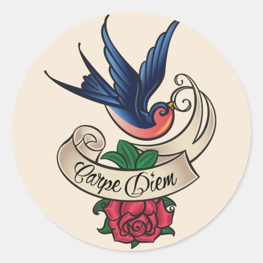 Carpe Diem Bluebird Tattoo Ronde Sticker (Voorkant)
