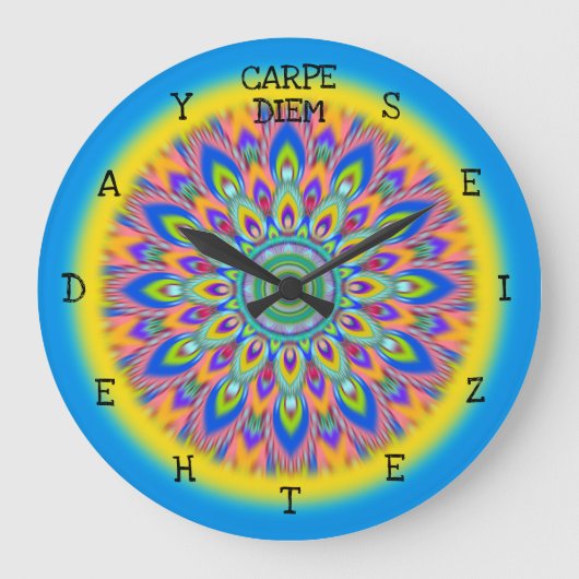 Carpe Diem grijpt de dag Mandala wandklok. Grote Klok (Voorkant)