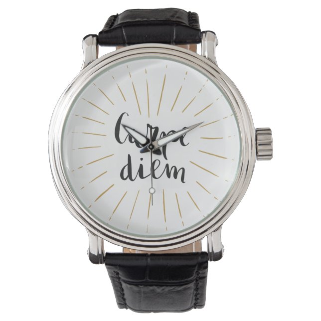 Carpe Diem Hand-lettered Typografie Design Horloge (Voorkant)