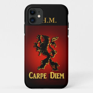 "Carpe Diem" Iphone case met zwarte en rode leeuw.