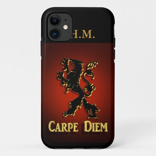 "Carpe Diem" Iphone case met zwarte en rode leeuw. (Achterkant)
