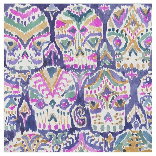 Carpe Diem Paars Boho Waterverf Sugar Skull Stof (Close Up)