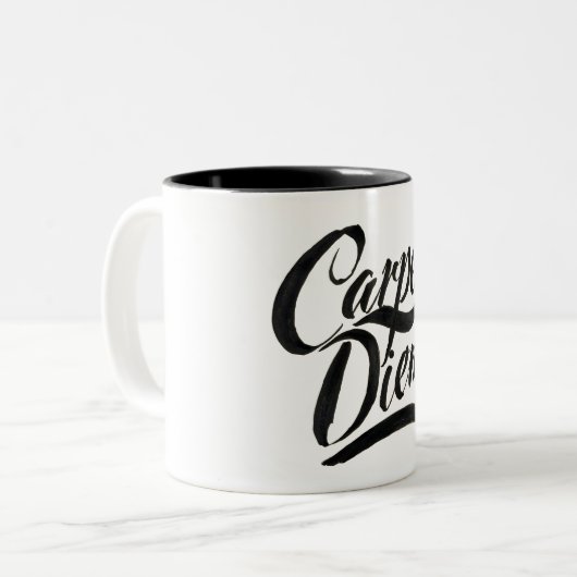 carpe diem tweekleurige koffiemok (Voorkant links)