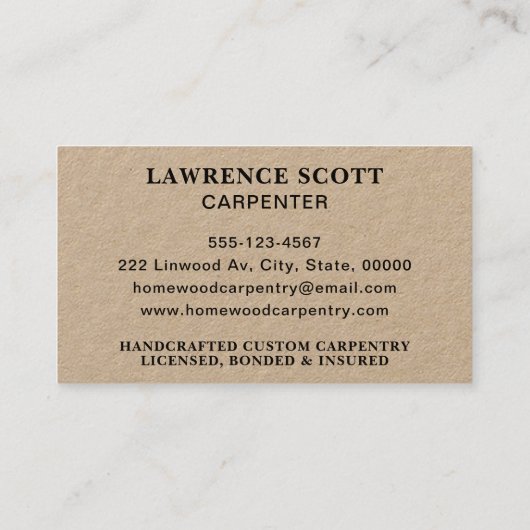 Carpenter Carpentry Tools Rustieke Kraft Visitekaartje (Achterkant)