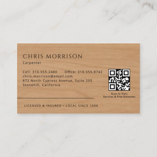 Carpenter Carpentry Wooden QR Code Visitekaartje (Achterkant)