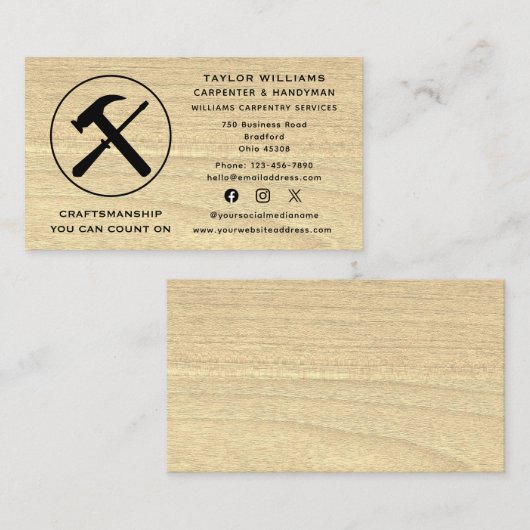 Carpenter Timmerwerk Rustiek Houten Fun Social Med Visitekaartje (Voorkant / Achterkant)