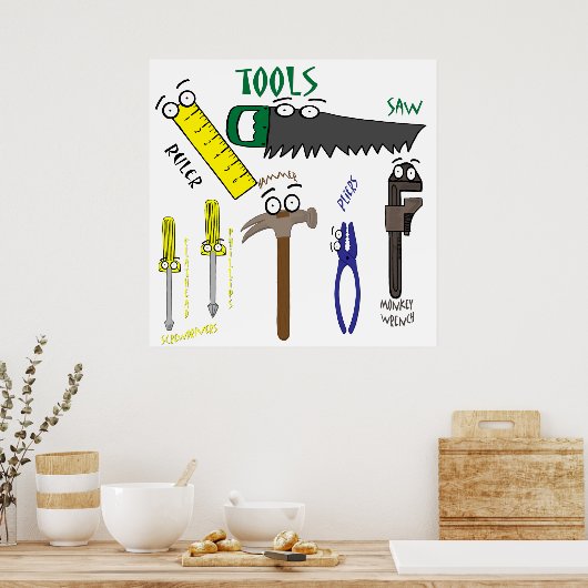 Carpenter Tools met Eyes Cartoon Art Poster (Keuken)