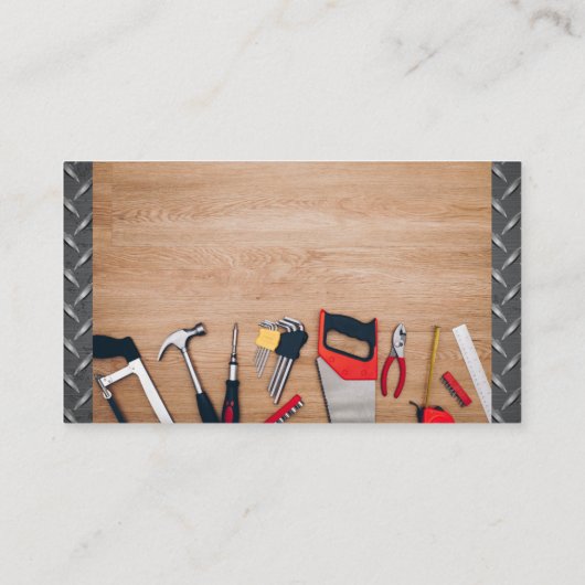 Carpenter Tools on Wooden Table | Metaalstaal Visitekaartje (Achterkant)